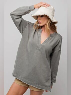 Easel Acid Wash Gray/Green V-Neck Pullover Sweatshirt